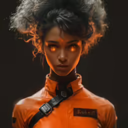 a woman with curly hair is wearing orange
