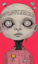 an alien with headphones and a red background