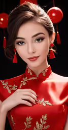 a woman in a red dress and gold jewelry