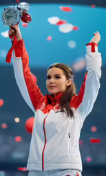 a woman with a medal and medal in her hand