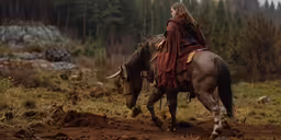 a man sitting on top of a horse in the woods