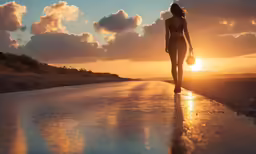 a woman walking along a road with the sun setting