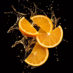 four orange slices are in the water with bubbles