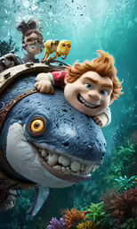 the character in cloudy island looks like he is riding on a shark