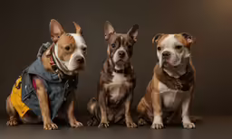 three dogs sit next to each other posing for the camera