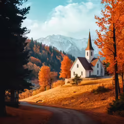 an image of a church with autumn trees on the hillside