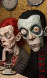 the two figures are in full body costumes, one with an open mouth