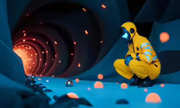 a man in a yellow suit kneeling in the middle of a tunnel