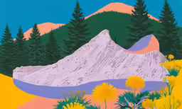 the mountains are covered in grass, yellow dandelions and a river