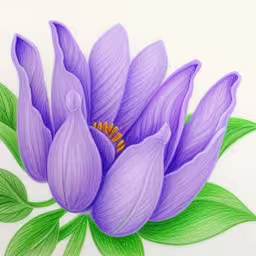 a picture of a purple flower with green leaves,an image of purple flowers on a white background,a drawing of a purple flower with green leaves,a drawing of a large flower on paper,a purple flower with green leaves painted on it