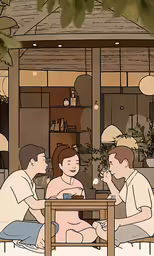 a drawing of four men sitting around a table having conversation