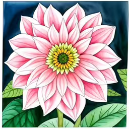 a pink flower painted with oil and watercol paints,this is a painting of a pink flower,the painting of a big pink flower is on display,the waterlily pink flower is on display with green leaves,a painting of a flower with green leaves