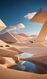 a desert with water in the foreground and clouds in the background