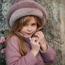 a young girl posing in front of a stone wall