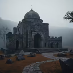 the building has rocks around it while it is foggy