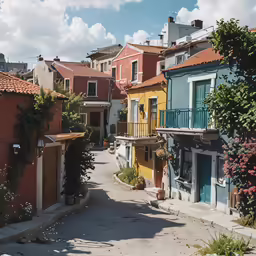 colorful, old buildings line an alley in a small town