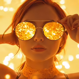 woman with large round sunglasses lite up yellow lights