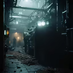 a very dimly lit truck in a dirty industrial factory