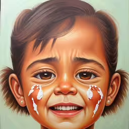 a painting of a smiling child with brown and white paint all over her face,a painting of a smiling boy with broken tooth,a small child with an occupant on its nose,a painting of a child with cream on her face,a painting of a girl smiling with the paint smeared on her face