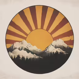 the sun sets over a mountain with trees below it