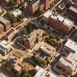 aerial photo of city from above, with buildings and street