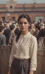 a woman in front of a crowd with several other people