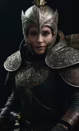 the woman in medieval costume is posed