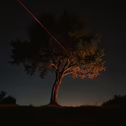 a bright light streaks through the dark sky