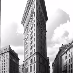 a very tall building is surrounded by very pretty buildings