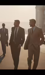 three men in suits walk on the pavement
