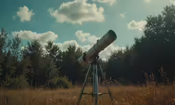 a tripod is on an open field with trees