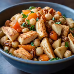 a bowl of potatoes and carrots on a wooden table