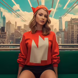 a woman sitting in front of a window wearing an orange shirt and cat hat