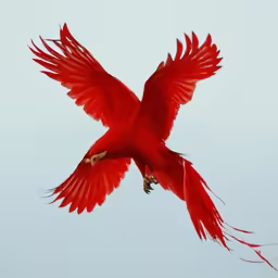 there is a red bird flying high in the air