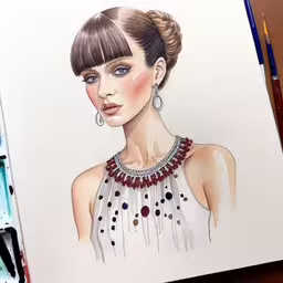 a drawing of a woman wearing a white blouse and earrings