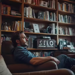 a man sits in a chair in front of a shelf with many books