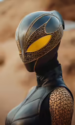 a woman in costume with the hood up and face painted to resemble the face of a creature