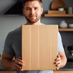 a man holding a closed up box and looking at the camera