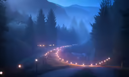 an old road surrounded by forest with lots of lights
