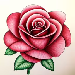 a drawing of a pink rose with leaves,a drawing of a rose with leaves on the side