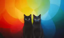 two black cats sitting next to each other with brightly colored background