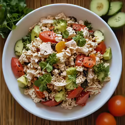 a plate filled with pasta, salad and cucumbers