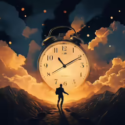 a man walking towards a giant clock on the side of a mountain