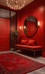 there is a red sofa and mirror in the room