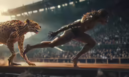 an image of two women in underwear running along with animals
