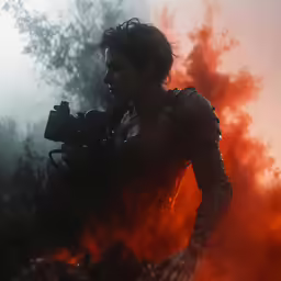 a woman in armor is standing near some trees