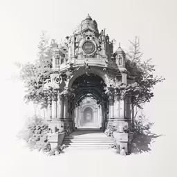 this illustration depicts an archway with trees, bushes and a clock