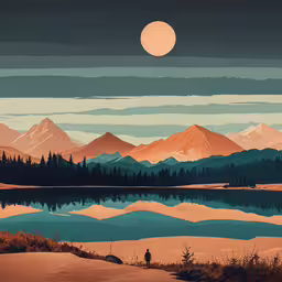 a digital painting of an earthen landscape with mountains and a lake,an artistic painting of the mountains and lake with a person walking on it