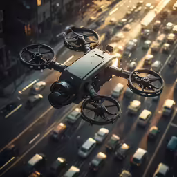 a camera flies over an intersection with a bunch of cars on the road