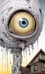 a very strange and odd looking eye in front of a house